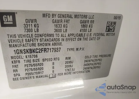 2015 Chevrolet Tahoe Lt from USA, damaged, VIN 1GNSKBKC2FR717937